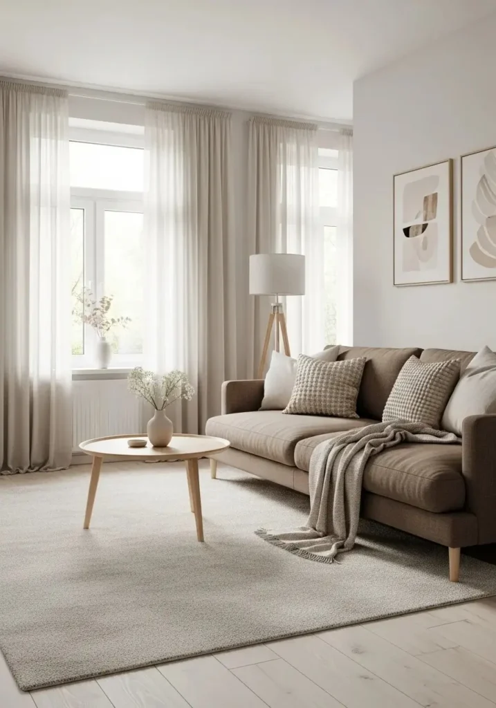 brown couch living room with neutral beige layers and soft cozy textures