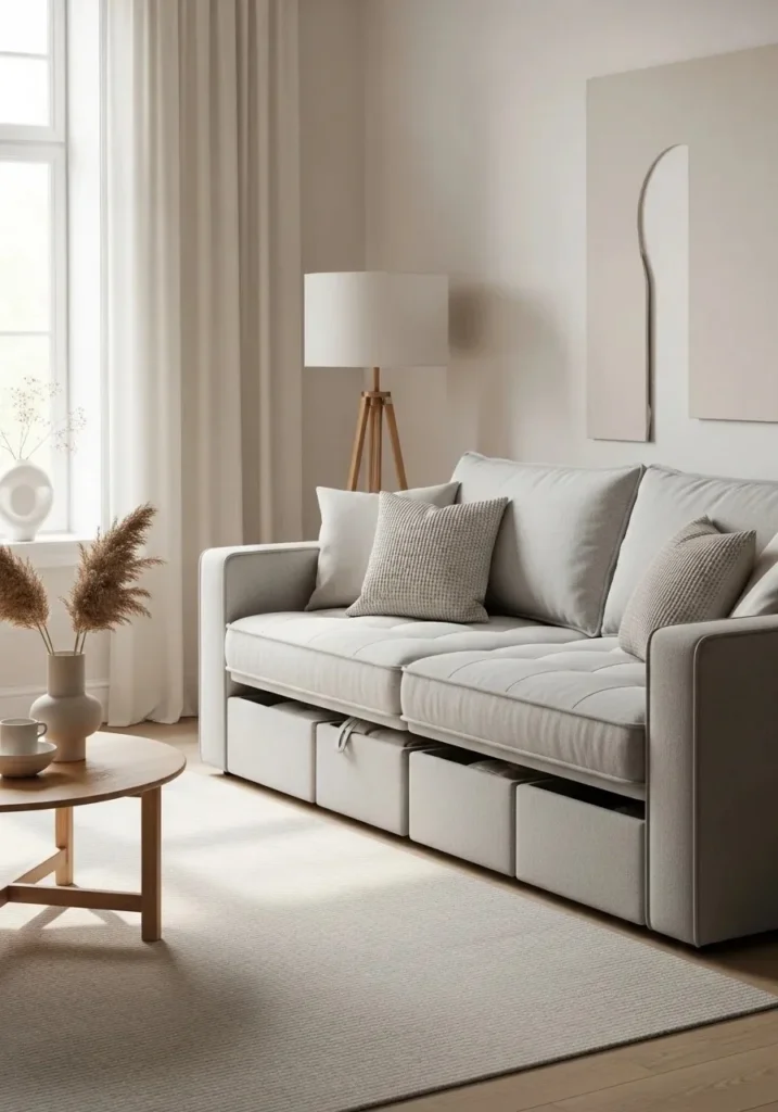 Under-sofa bins used for hidden toy storage in small living room.