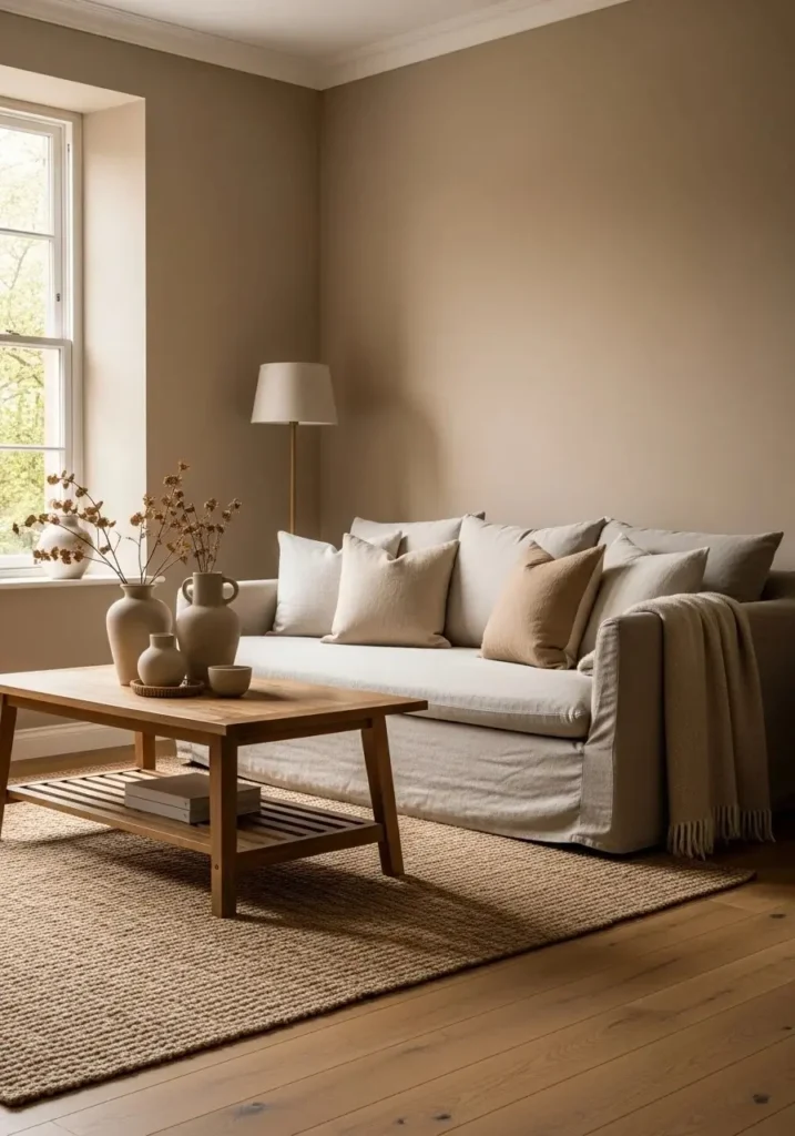 Cozy living room with warm beige walls, linen sofa, and wooden accents creating a soft neutral space.