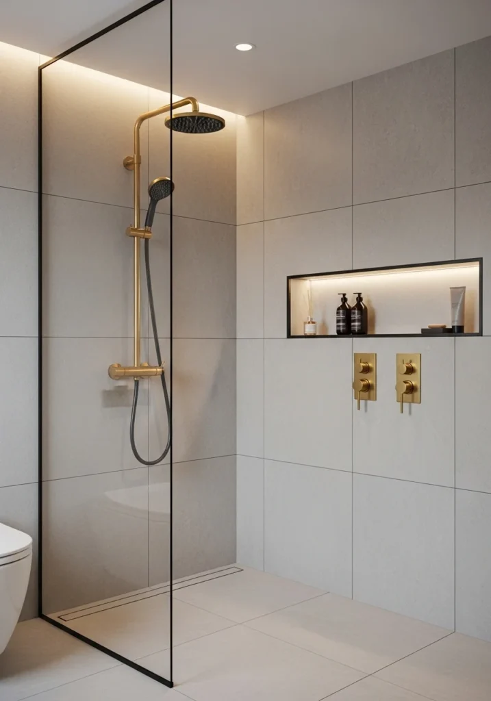 Mixed metal shower fixtures adding depth and modern style to bathroom design