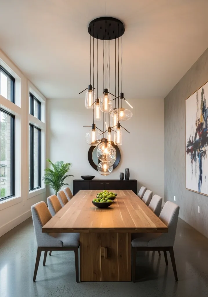 Dining room with pendant cluster lighting creating artistic visual impact