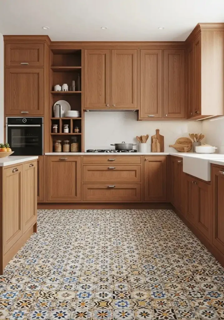 wood cabinets with bold tile flooring unique kitchen design ideas