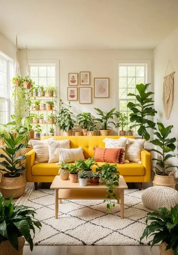 Yellow couch living room with green plants, fresh natural decor, and airy indoor greenery styling