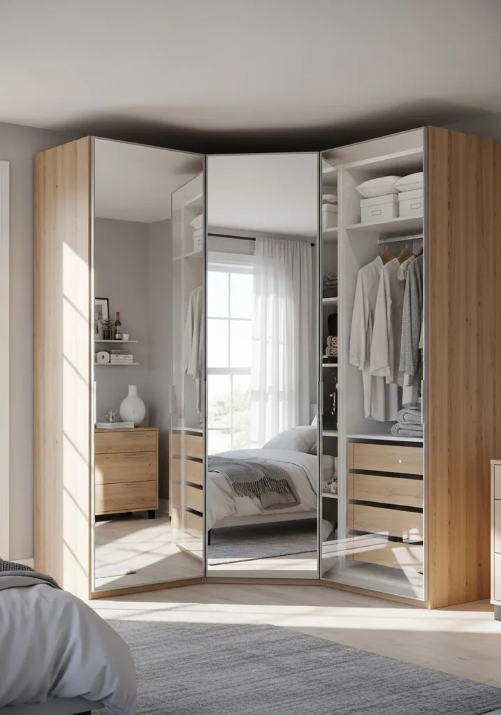 Corner wardrobe storage solution with mirrored doors in a clean, modern bedroom.