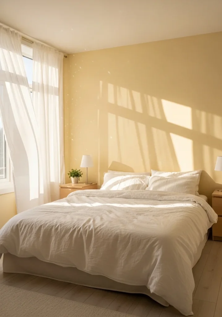 Soft yellow bedroom walls with white bedding and natural light creating a calm, airy Scandinavian-style space.