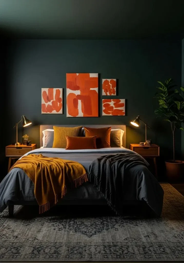 Forest green bedroom featuring burnt orange artwork and warm lighting, creating a cozy and stylish mood.