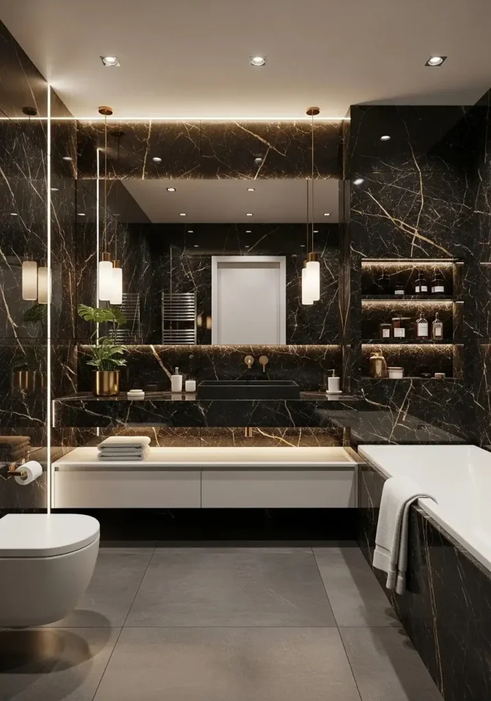 Black marble bathroom with gold veining details