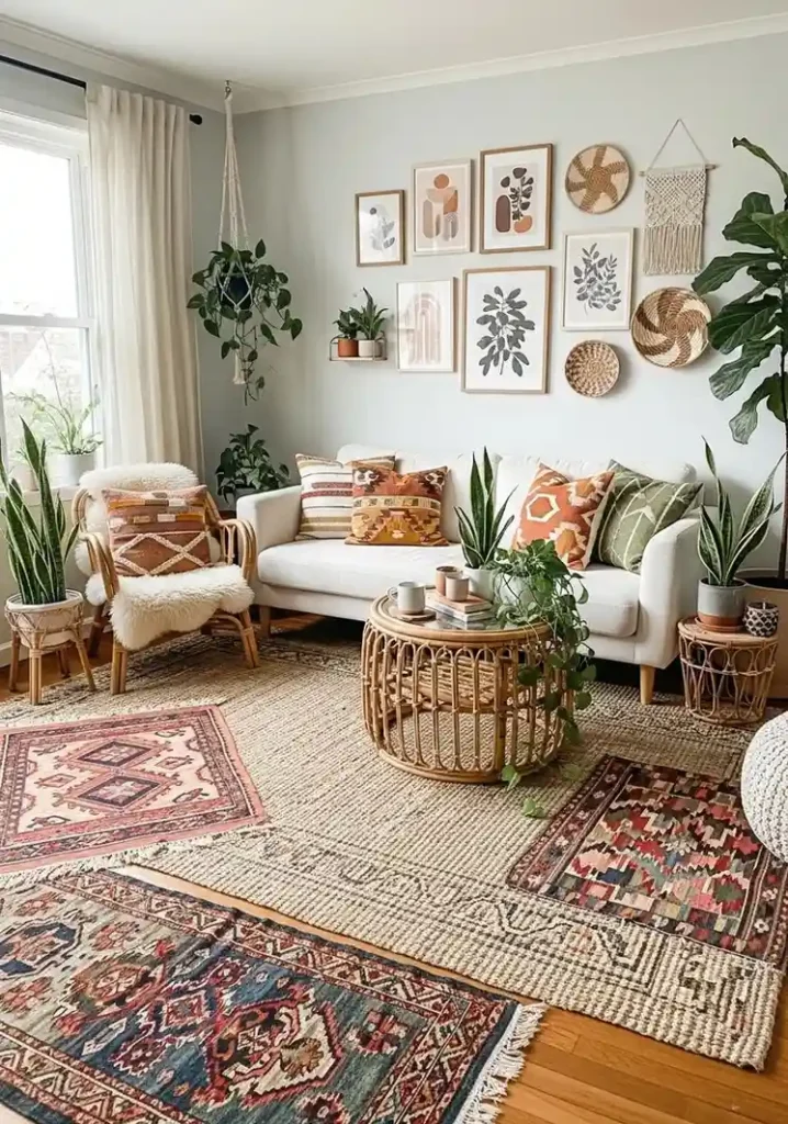 White couch with boho decor including rattan and woven textures in cozy living room