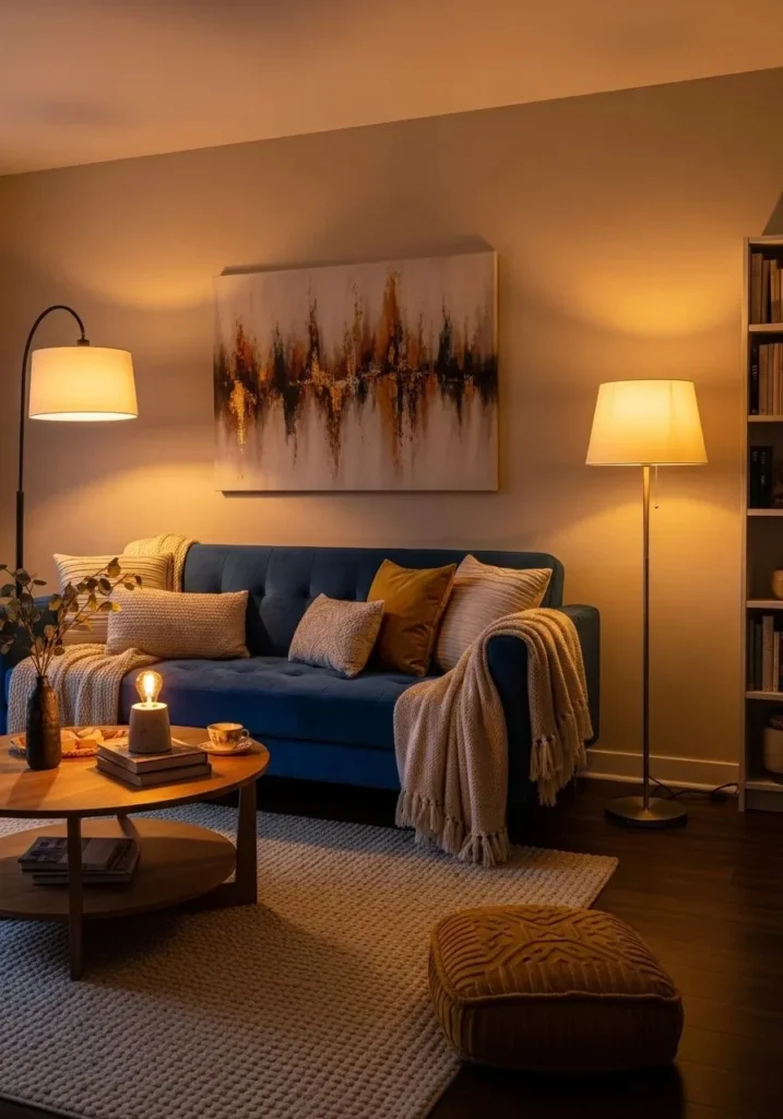 Blue couch living room with warm lighting, cozy lamps, and soft golden evening glow