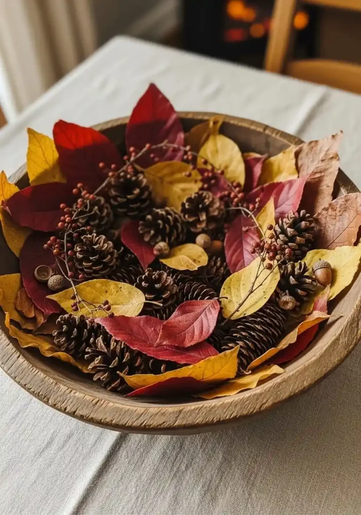 Decorative bowl with seasonal elements used as a table centerpiece