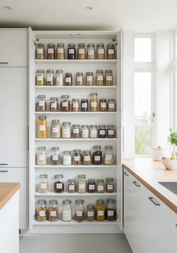 Organized apartment kitchen with glass containers for pantry items creating a clean look