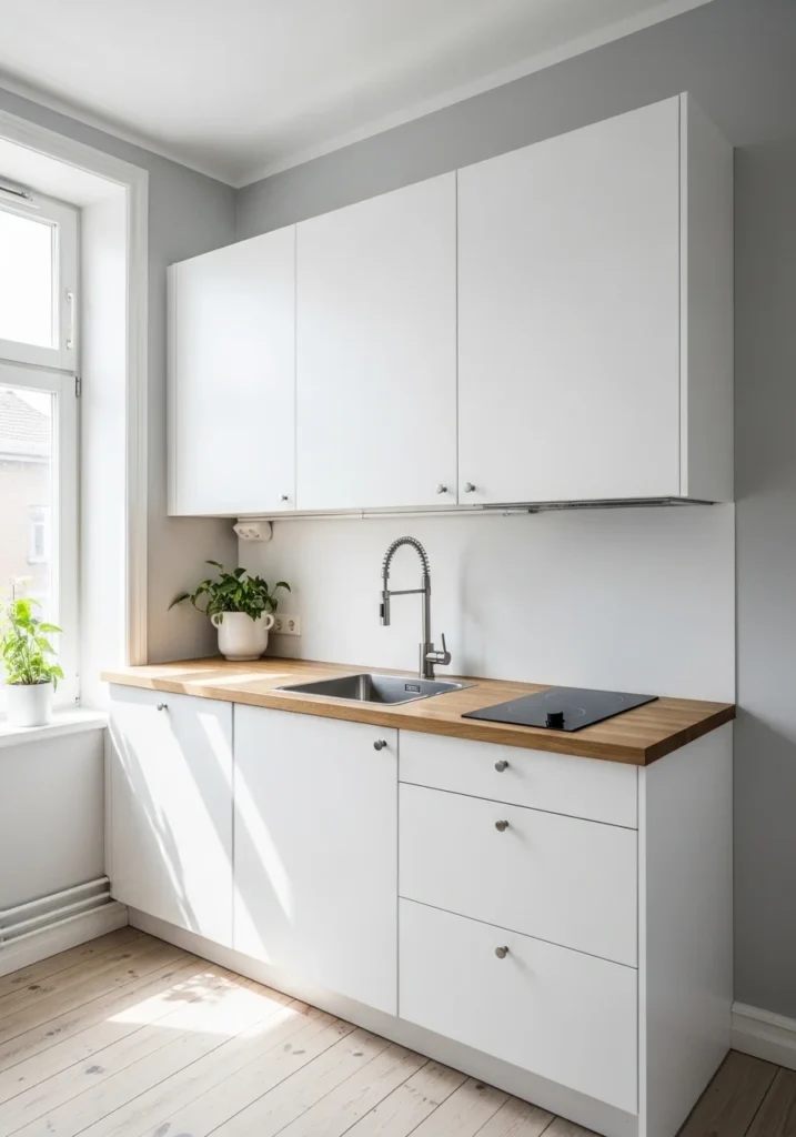 Light colored apartment kitchen with white cabinets making a small space feel bigger and brighter
