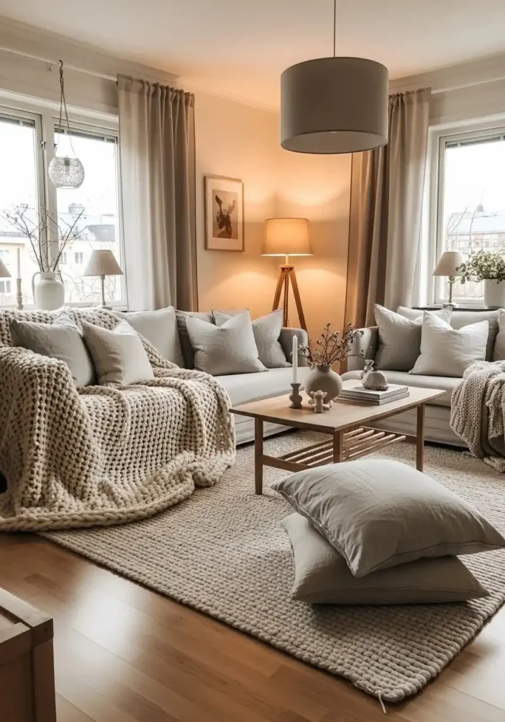 Cozy textured Scandinavian living room with soft fabrics