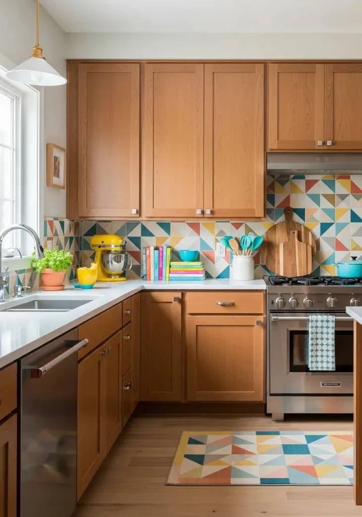 Kitchen with bold patterned backsplash and wood cabinets, adding energy and warmth to the space.