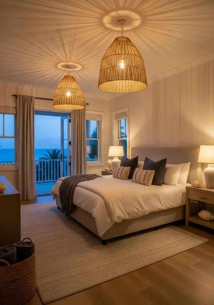 Beach bedroom lighting with warm tones creating a cozy and calming mood.