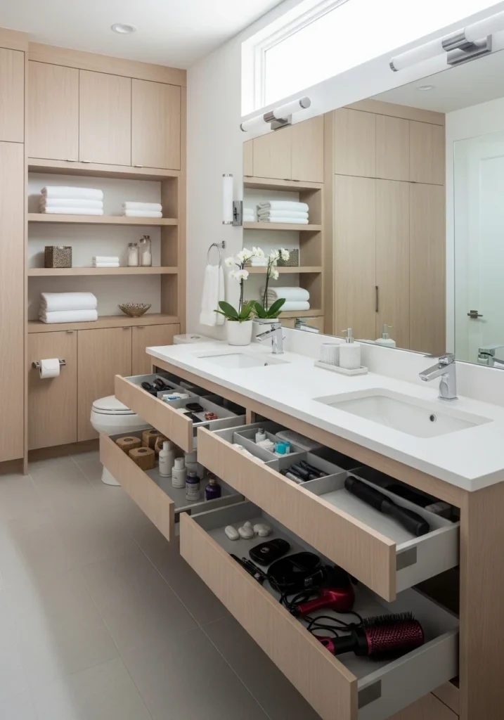 primary bathroom ideas built-in storage clean design