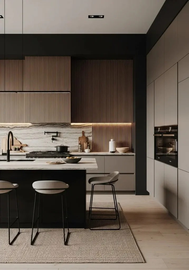 black wall kitchen wood slats and stone modern design