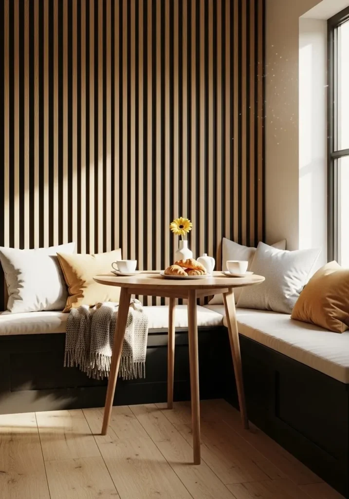 breakfast nook black wall wood slats cozy seating area