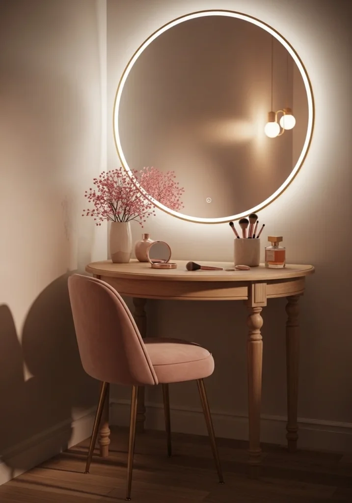 Bedroom corner vanity setup with round mirror, soft lighting, and stylish makeup table.