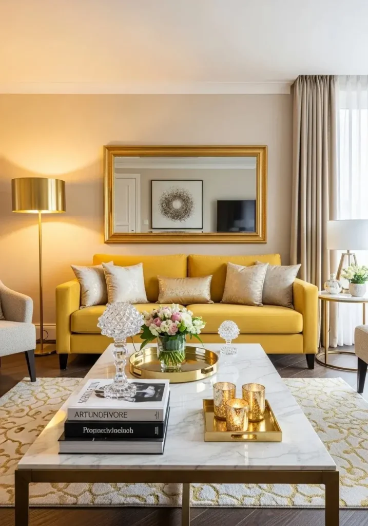Elegant yellow couch living room with gold accents and soft luxury modern decor style