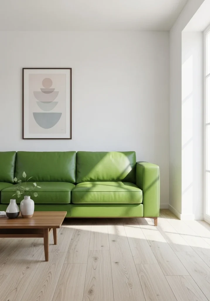 green leather couch with white walls in bright modern living room