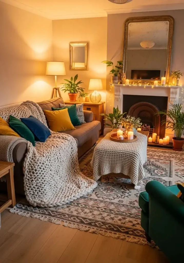 cozy brown couch living room with layered textures and warm decor