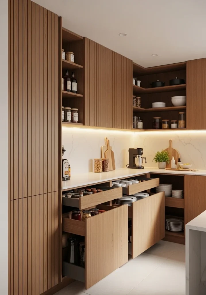 Kitchen featuring a full-length wood pantry with vertical panels and pull-out drawers, creating a seamless and functional design.