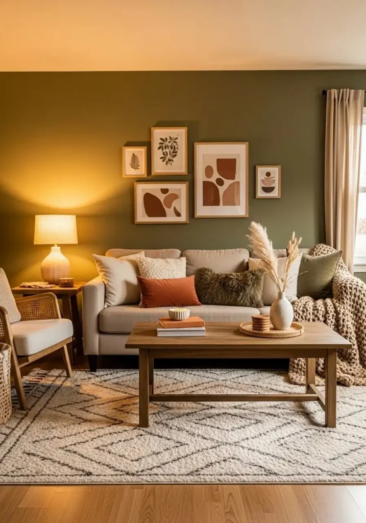 Living room with olive green walls and wooden accents creating natural depth.