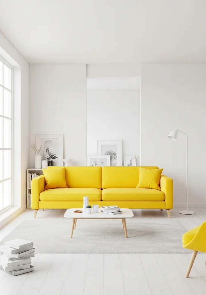 Minimal modern yellow couch living room with clean design and simple elegant interior style