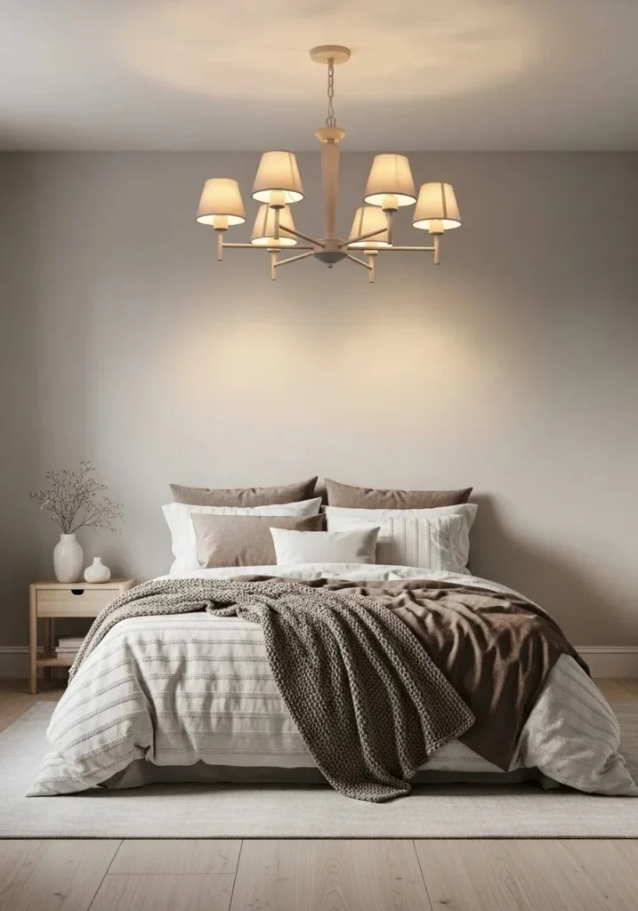 Chandelier with fabric shades for soft and cozy bedroom lighting