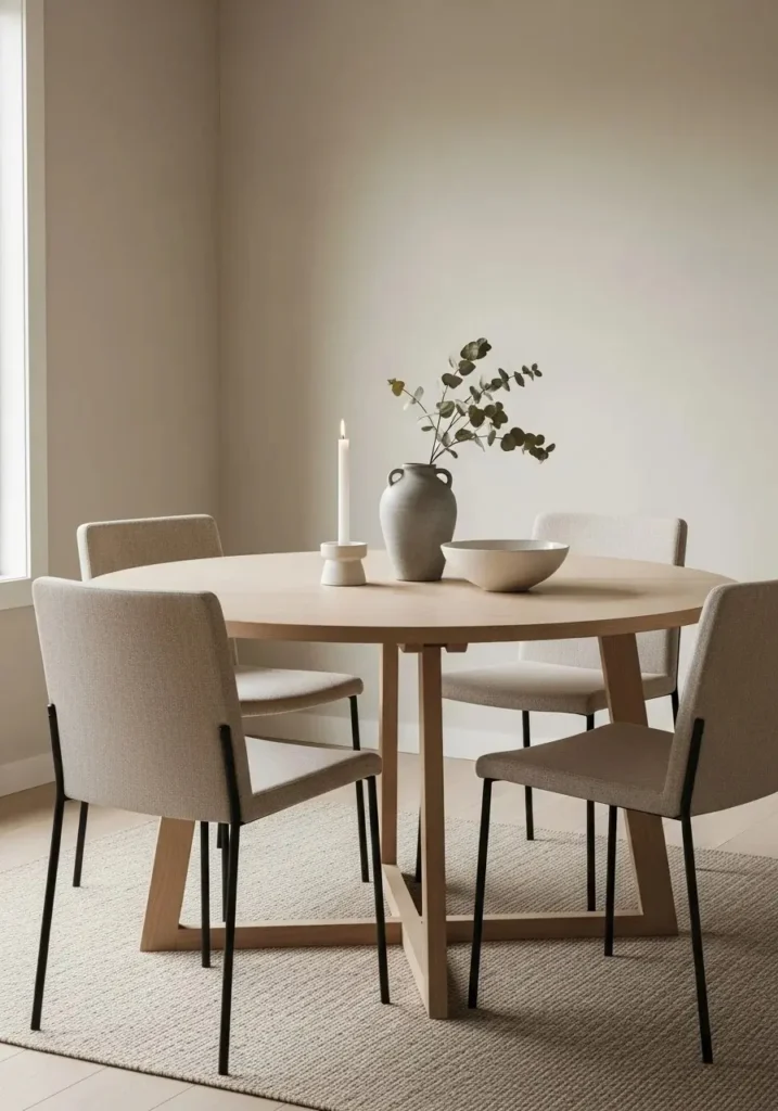 Round dining table with trio centerpiece arrangement creating balanced decor style