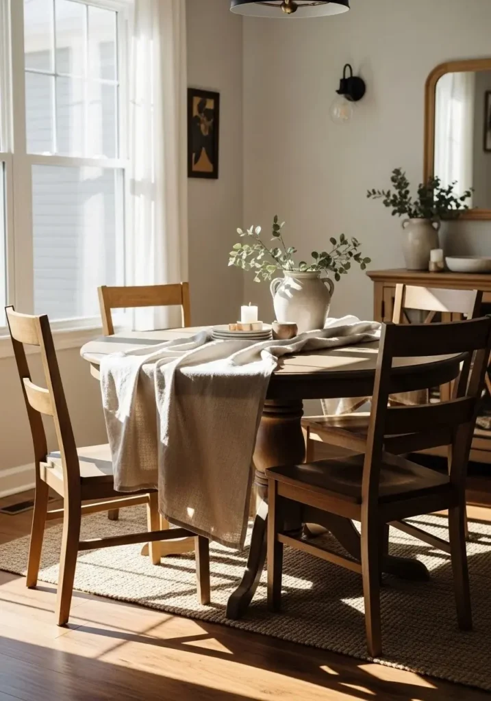 Round dining table with linen runner adding soft structure and relaxed elegance
