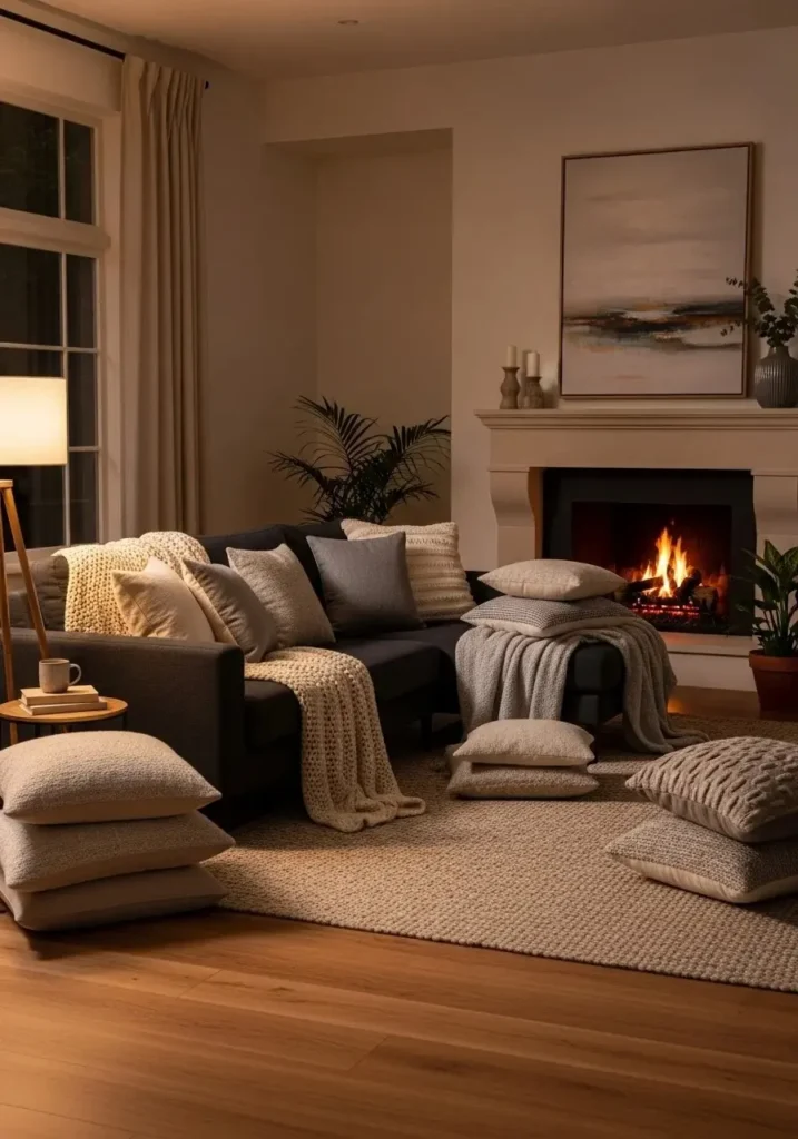 Black couch with cozy layered pillows and throws for a warm and inviting look