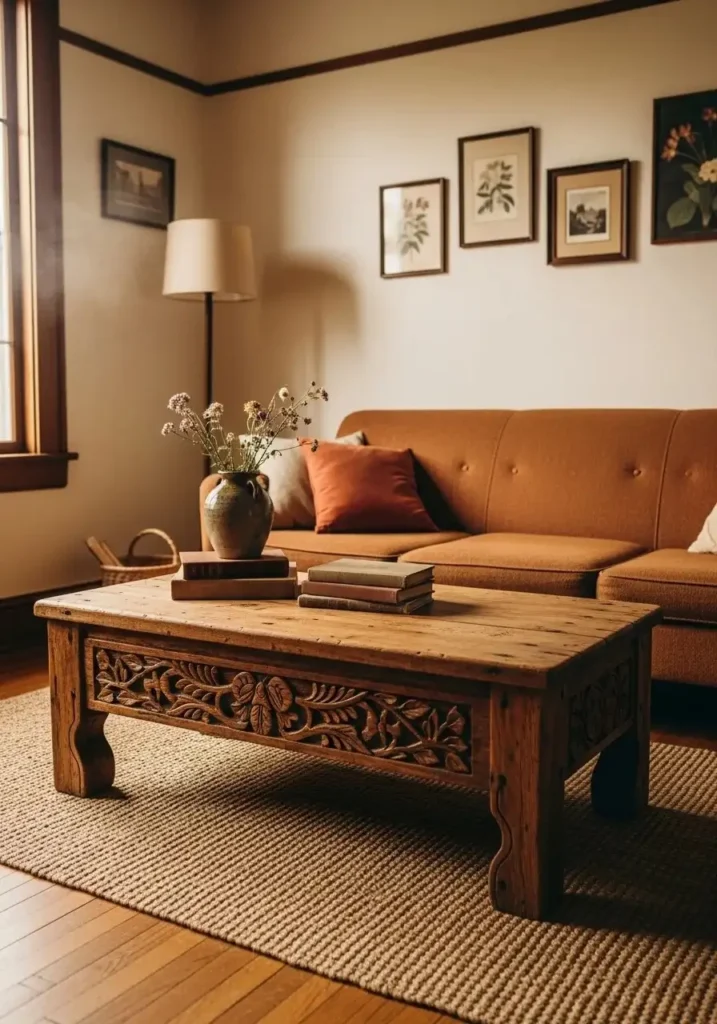 Antique wooden coffee table in vintage living room setting
