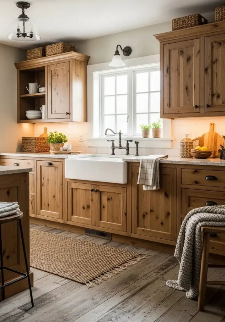 Modern kitchen with hickory cabinets, sleek countertops, minimal hardware, clean lines, contemporary style