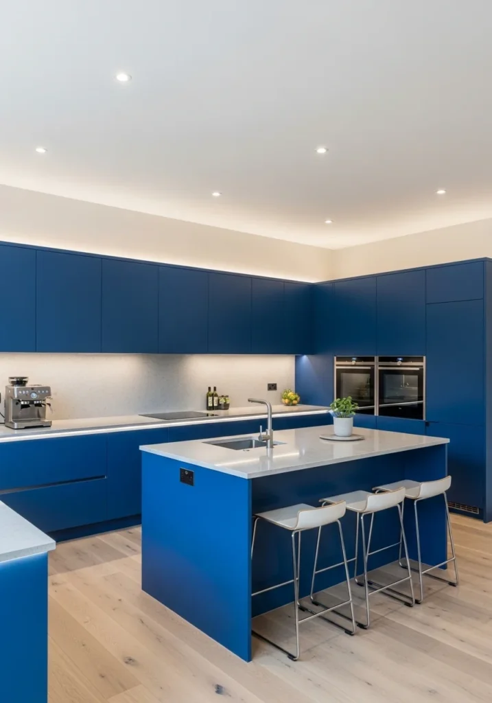 royal blue kitchen cabinets creating a bold and eye catching statement kitchen