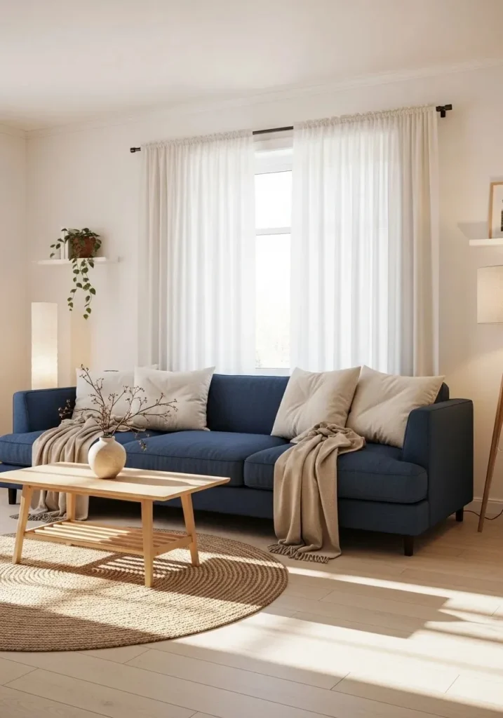 Blue couch living room with soft neutral decor, ivory cushions, beige throw, and warm minimalist Scandinavian style