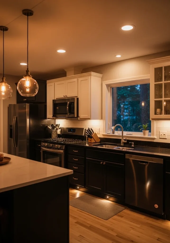 black appliances kitchen with layered lighting warm ambiance