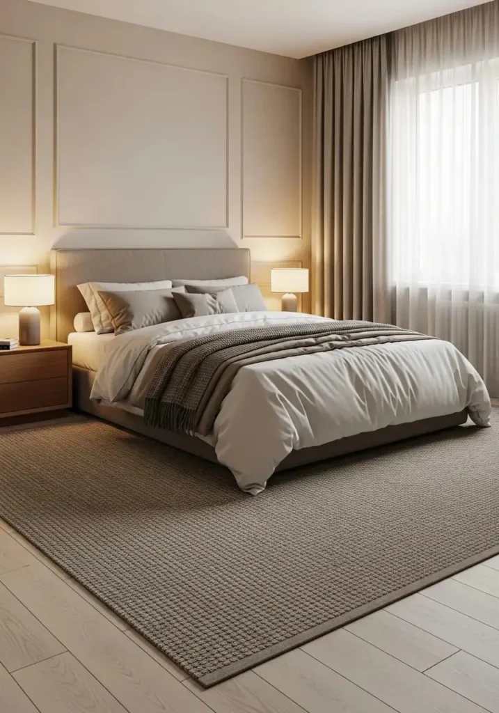 Taupe textured rug in a cozy neutral bedroom with warm and soft styling