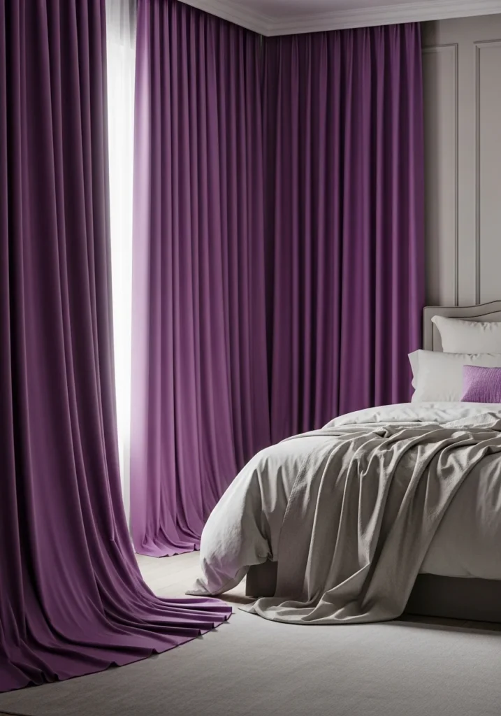 Floor-length purple curtains framing a neutral bedroom for a sophisticated and cozy look