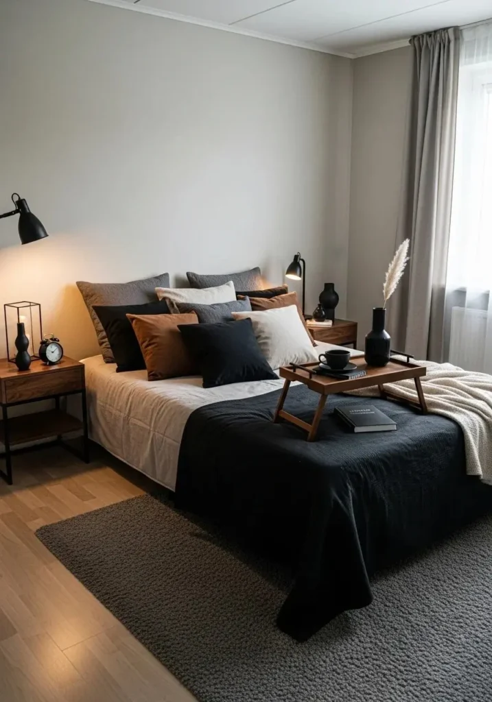 Black and brown decor accents adding subtle style to bedroom