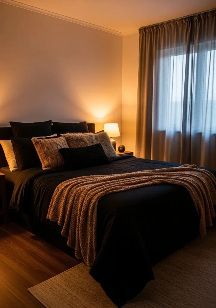 Black bedding with brown throws for a cozy layered bedroom look