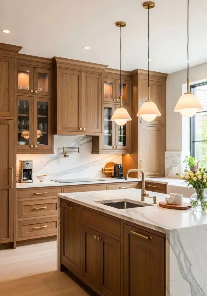 wood cabinets with marble backsplash elegant kitchen ideas