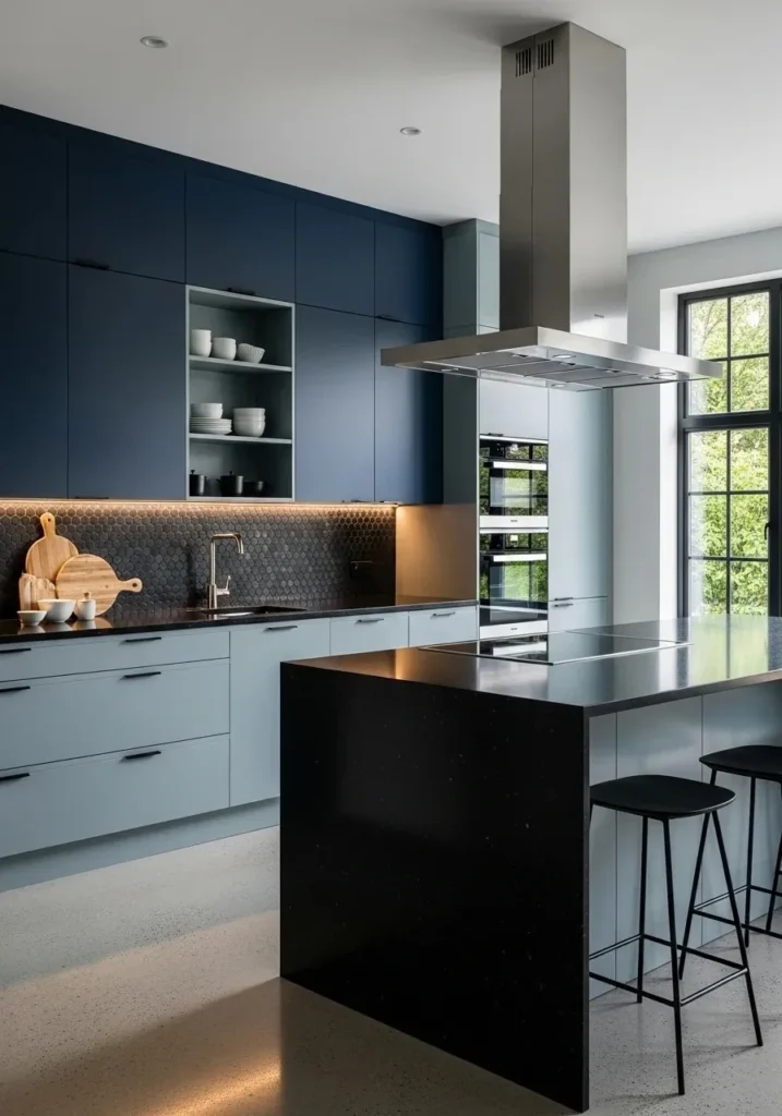 blue kitchen cabinets paired with black countertops for a bold modern contrast