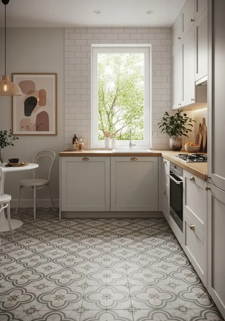 Kitchen with patterned tile floor adding creative personality and visual interest