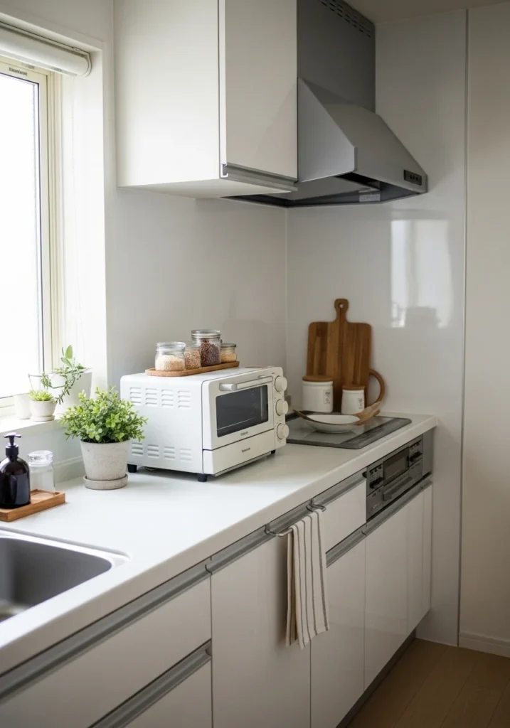 Apartment kitchen using compact multi functional appliances to save space and reduce clutter