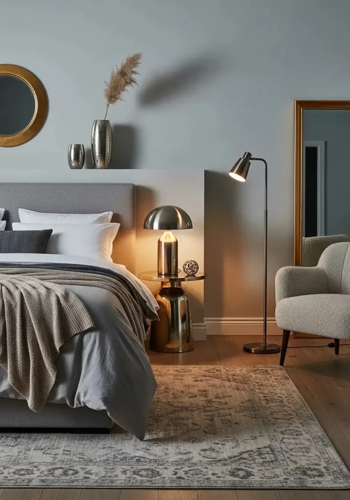 Layered textures in black and silver creating a rich and inviting bedroom