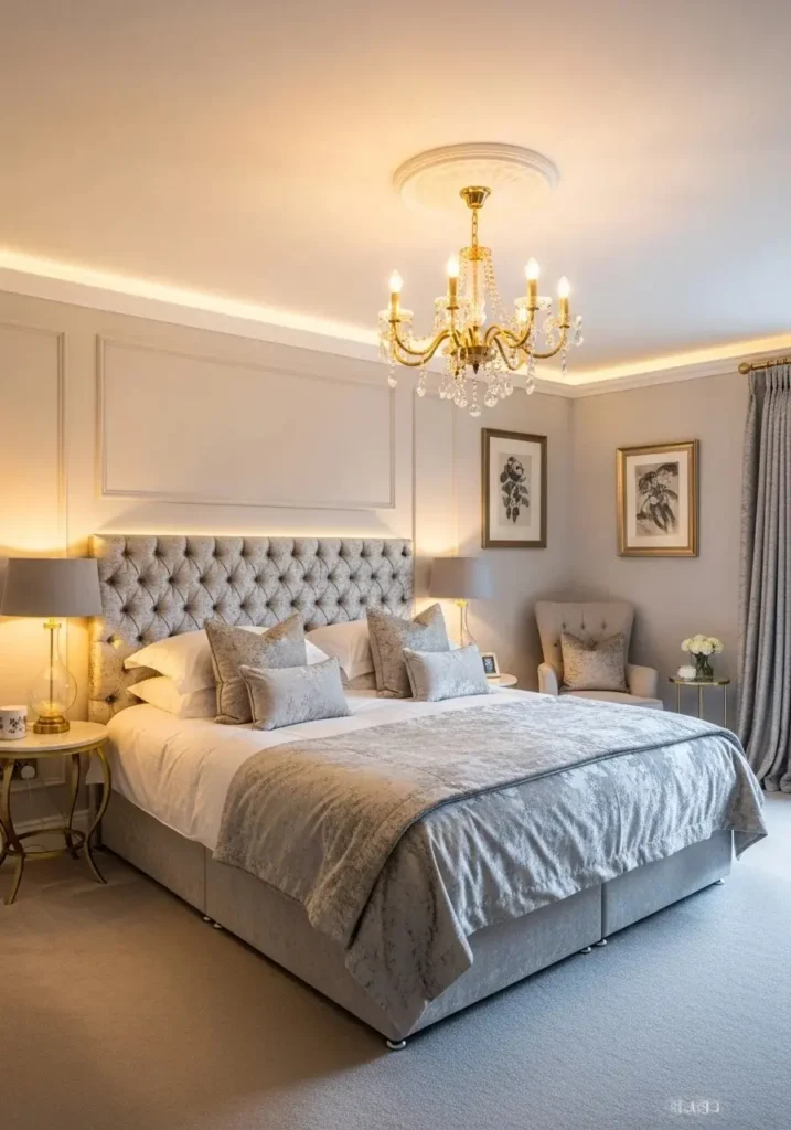 Gold chandelier in bedroom creating a warm and luxurious feel