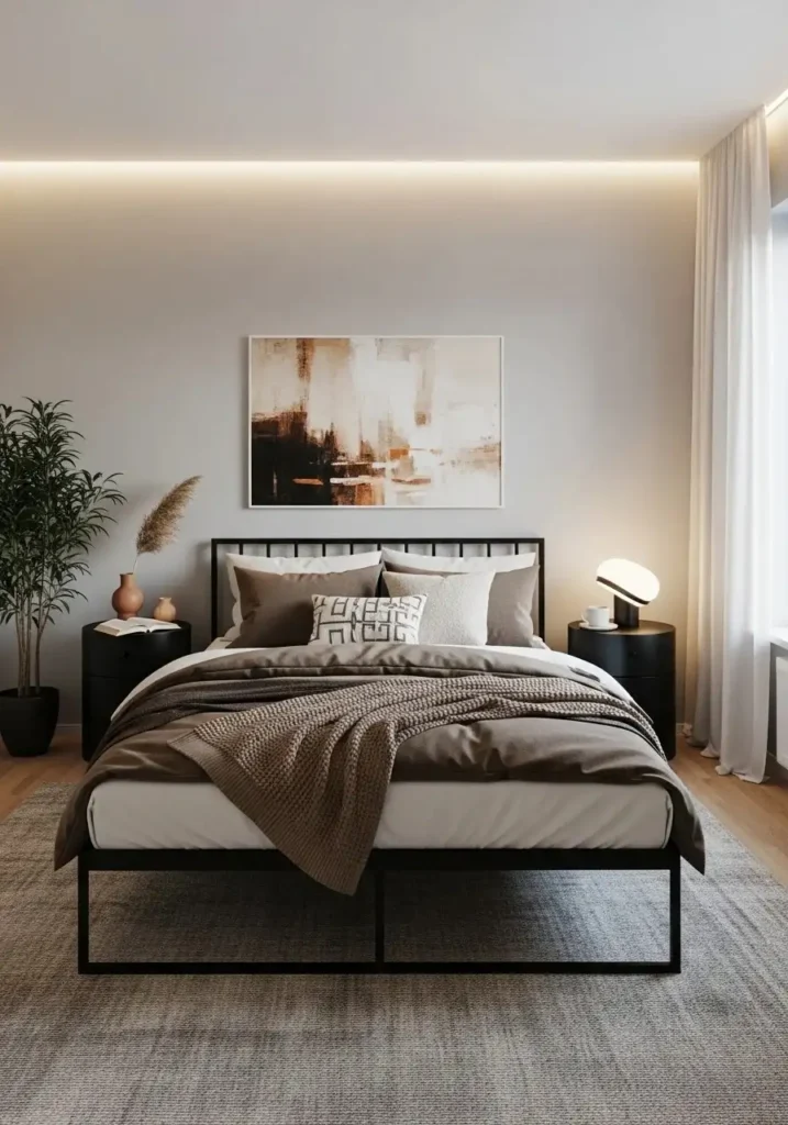 Brown bedding on black bed frame for a warm and balanced bedroom look