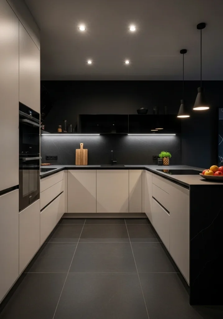 Kitchen with dark tile floor creating dramatic bold and grounded look